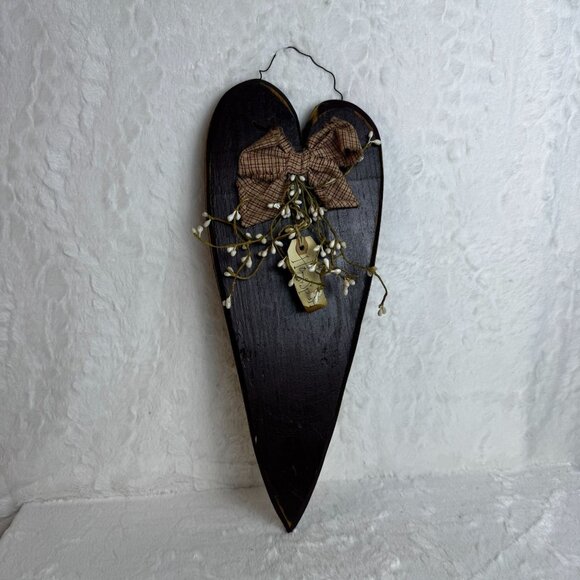 Primitive Country charm Rustic Wooden Heart Wall Hanging Bow & Floral Accents - Picture 1 of 5